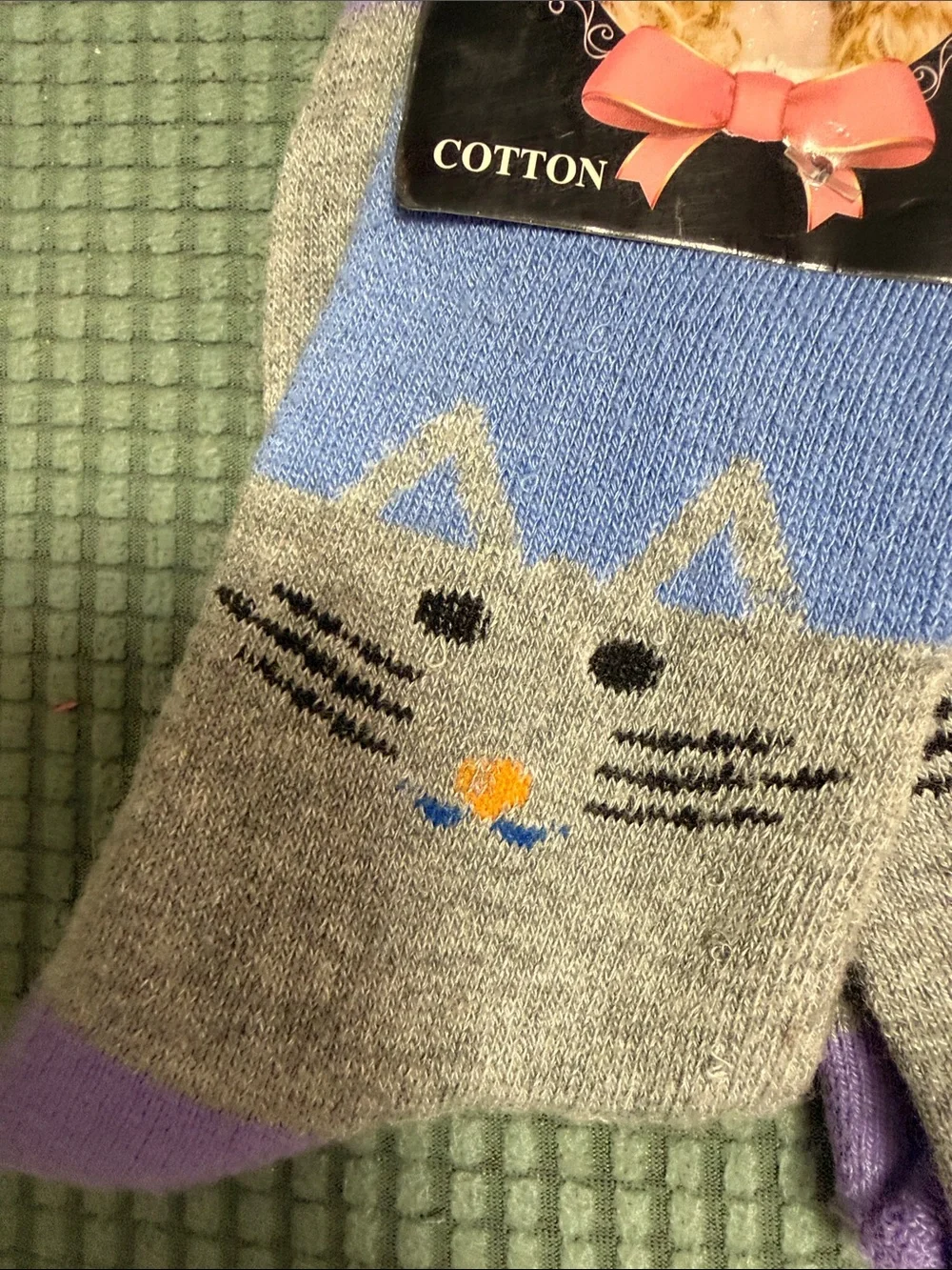 Source Unknown Blue and Gray Cat Face Cotton Socks